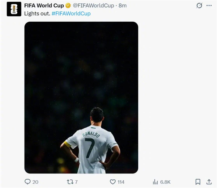世界杯官方发布C罗背影照配文灯熄灭了